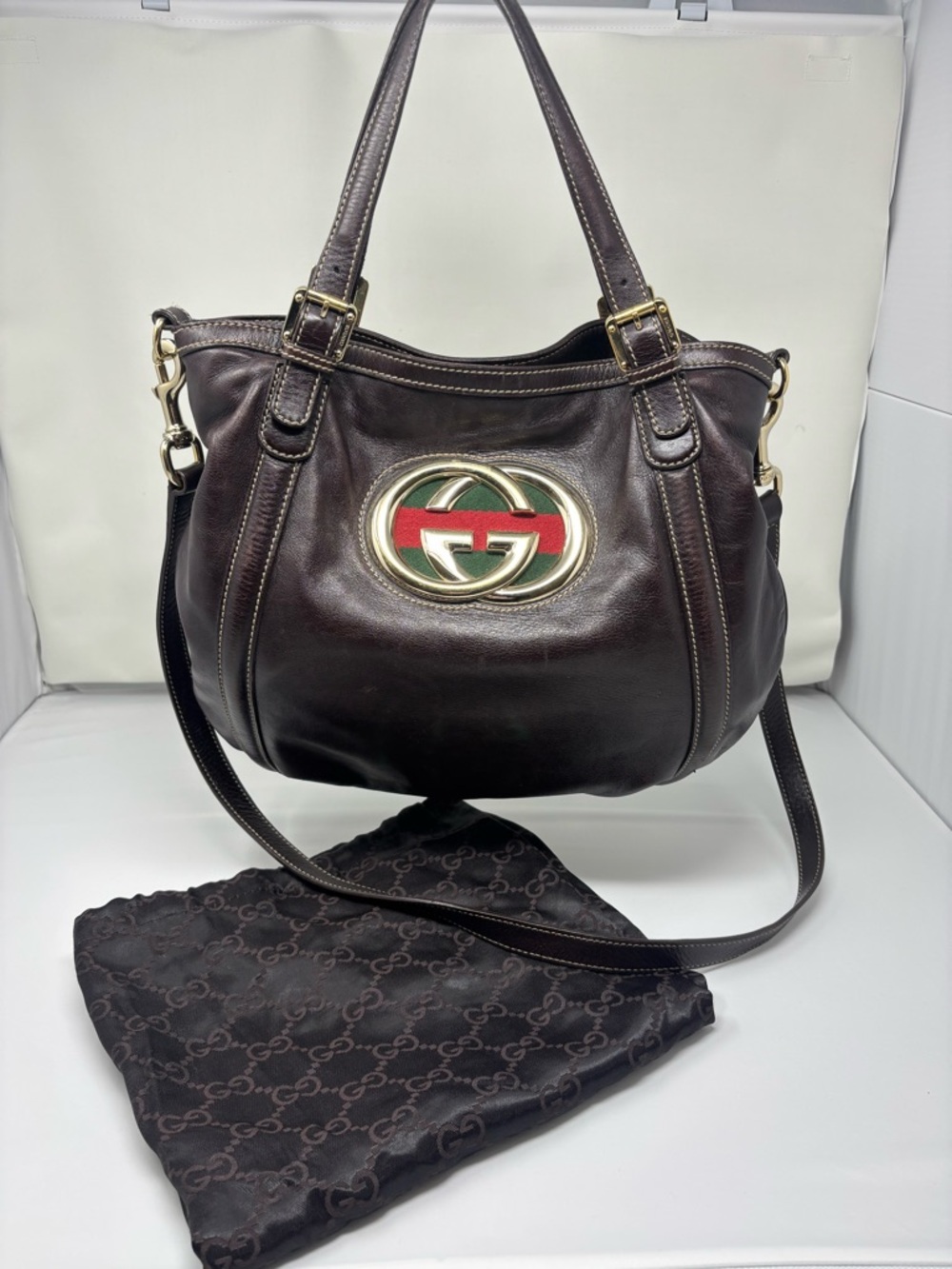 Gucci Britt Brown Leather Interlocking GC Shoulder Tote